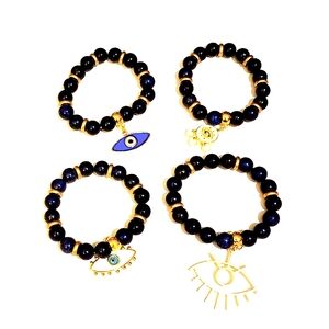 Set (4) Blue Beaded Agate Stone Bracelets w/Gold Plated Enamel Charms
